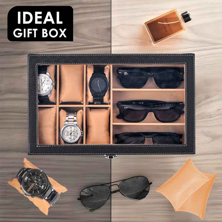 Kuber Industries Premium Faux Leather 6+3 Slots Organizer | Sunglasses Storage | Black & Golden