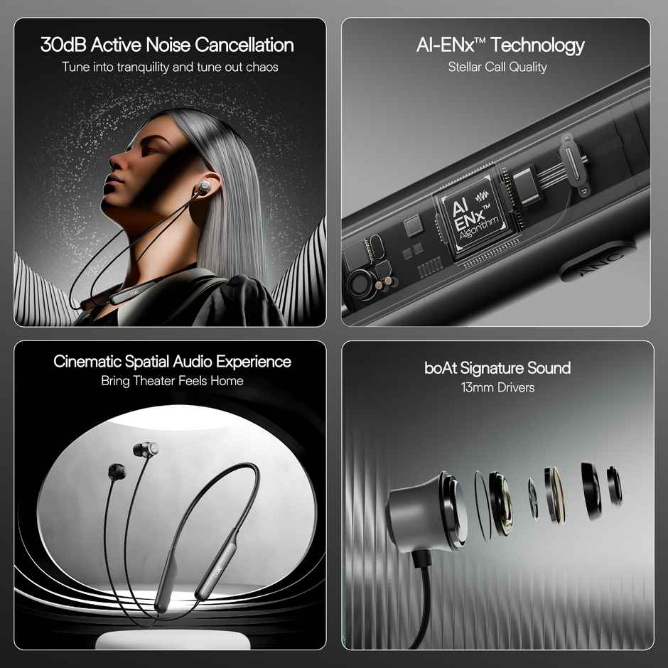 boAt Rockerz 210 ANC Bluetooth in Ear Neckband w/Spatial Audio, 30dB ANC, AI-ENx Technology, 40hrs Playback, EQ Modes, 13 mm Drivers, Dual Pairing & Fast Pair - Onyx Black