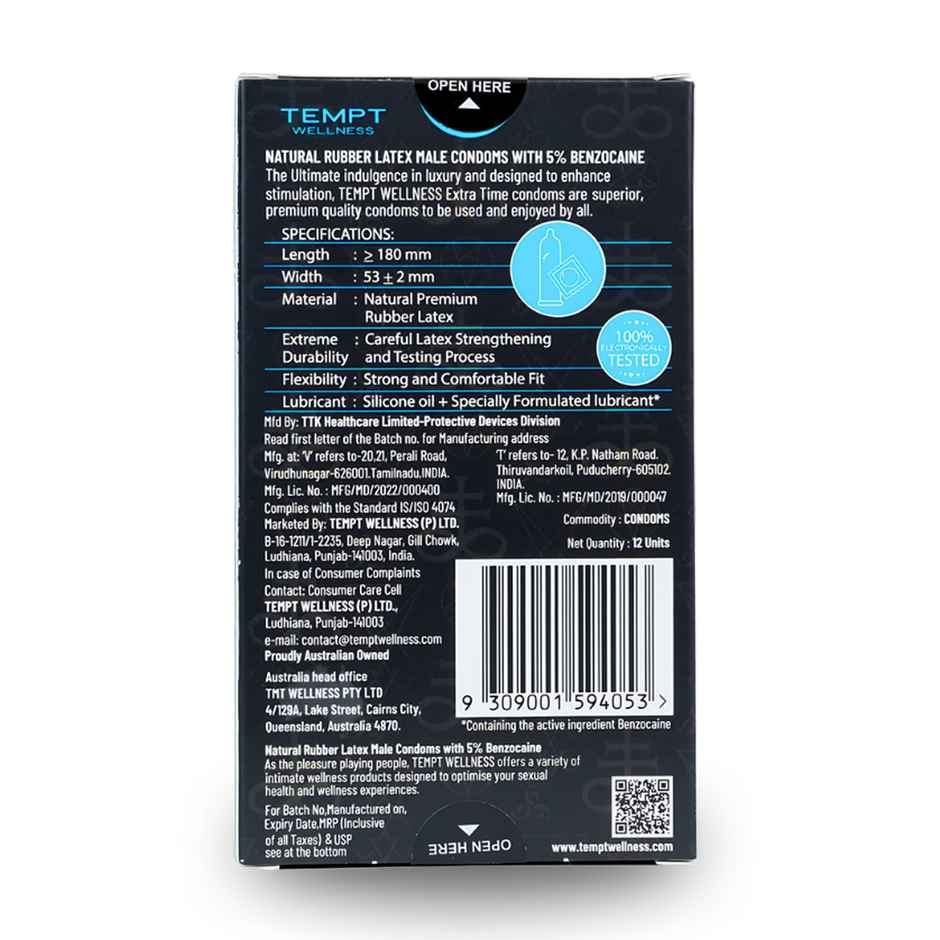 Tempt Wellness Extra Time Condoms | Long-Lasting Performance | Natural Rubber Latex | Delay Condoms