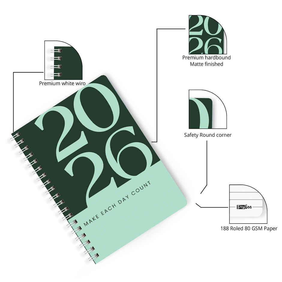 Papboo A5 Hardcover 2026 Diary with Calendar | 80 GSM | Ruled | 188 Pages | Green