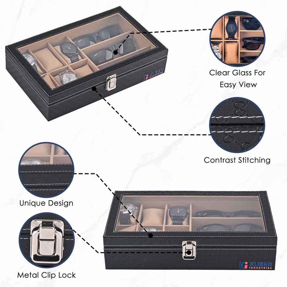 Kuber Industries Premium Faux Leather 6+3 Slots Organizer | Sunglasses Storage | Black & Golden