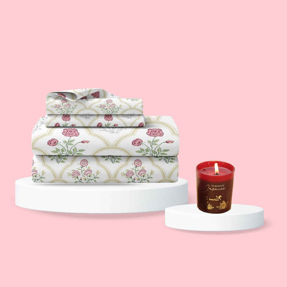 Haus & Kinder Rose Serenity King Bedsheet - 100% Cotton (270X270Cm) (1pc) & Igp Interflora Jasmine Tuberose Handpoured Candle (1pc) Combo