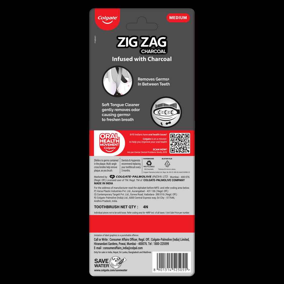 Colgate Zigzag Charcoal Medium Bristle Manual Toothbrush For Adults (4pc) & Colgate Max Fresh Plax Mouthwash - Fresh Mint (250ml) & Colgate Charcoal Clean Black Gel Toothpaste Deep Clean With Bamboo Charcoal & Wintergreen Mint (240g) Combo