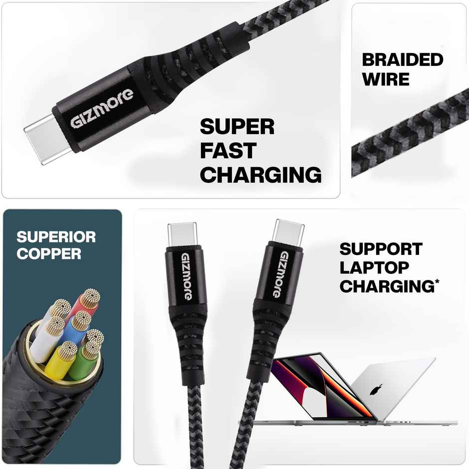 Gizmore Type C To Type C Fast Charging Cable For Smartphones and Laptops | 1.2Meter