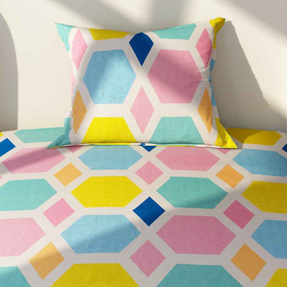 Dream Care Single Velvet Vista Geometric Bedsheet | With 1 Pillow | Multicolor | 88 x 60 in