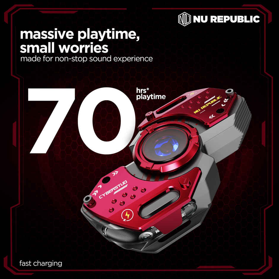 Nu Republic Cyberstud Fidget Spinner Earbuds Bluetooth Wireless with X-Bass, ENC Technology, 70 Hrs Playtime, 13mm Dynamic Drivers, Fast Charge, Dual Mode (Game/Music) - Red/Grey
