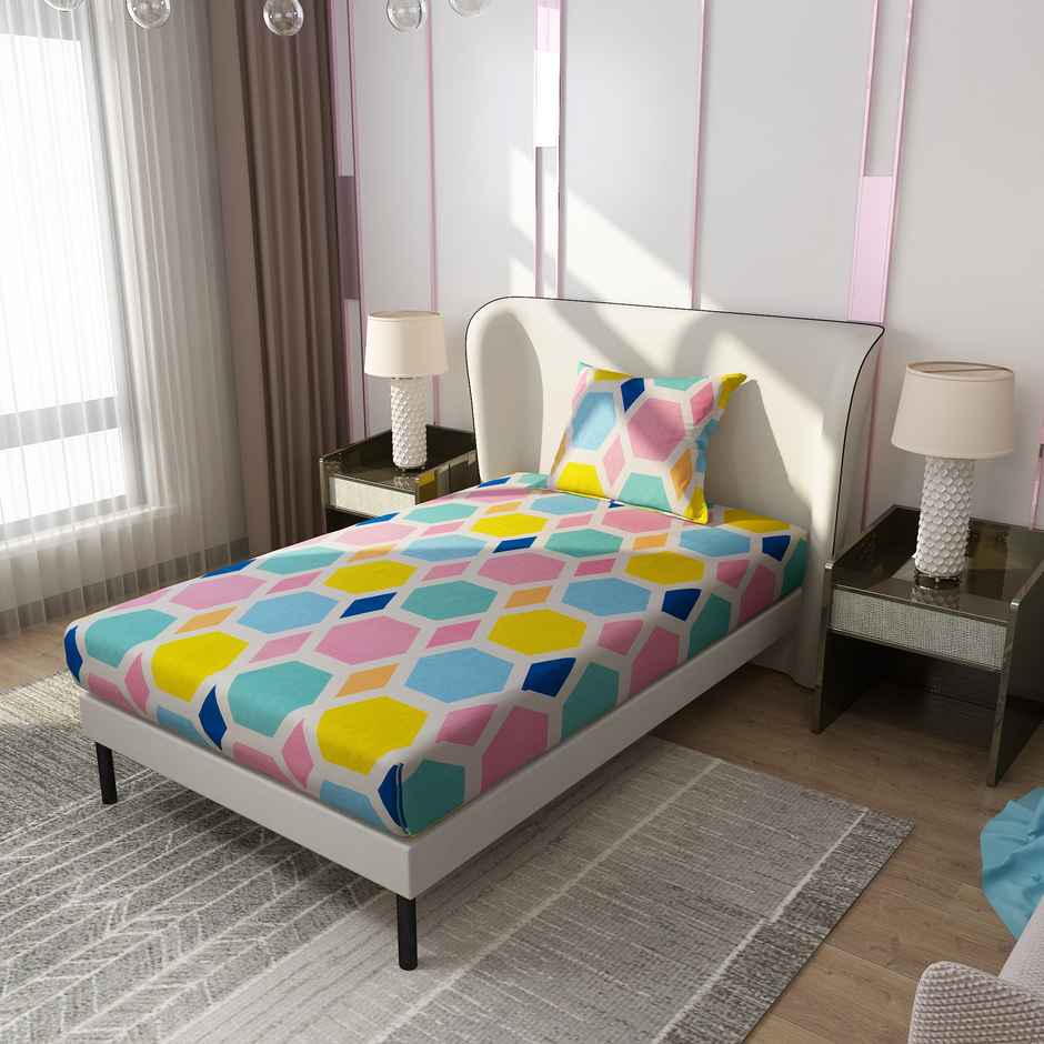 Dream Care Single Velvet Vista Geometric Bedsheet | With 1 Pillow | Multicolor | 88 x 60 in