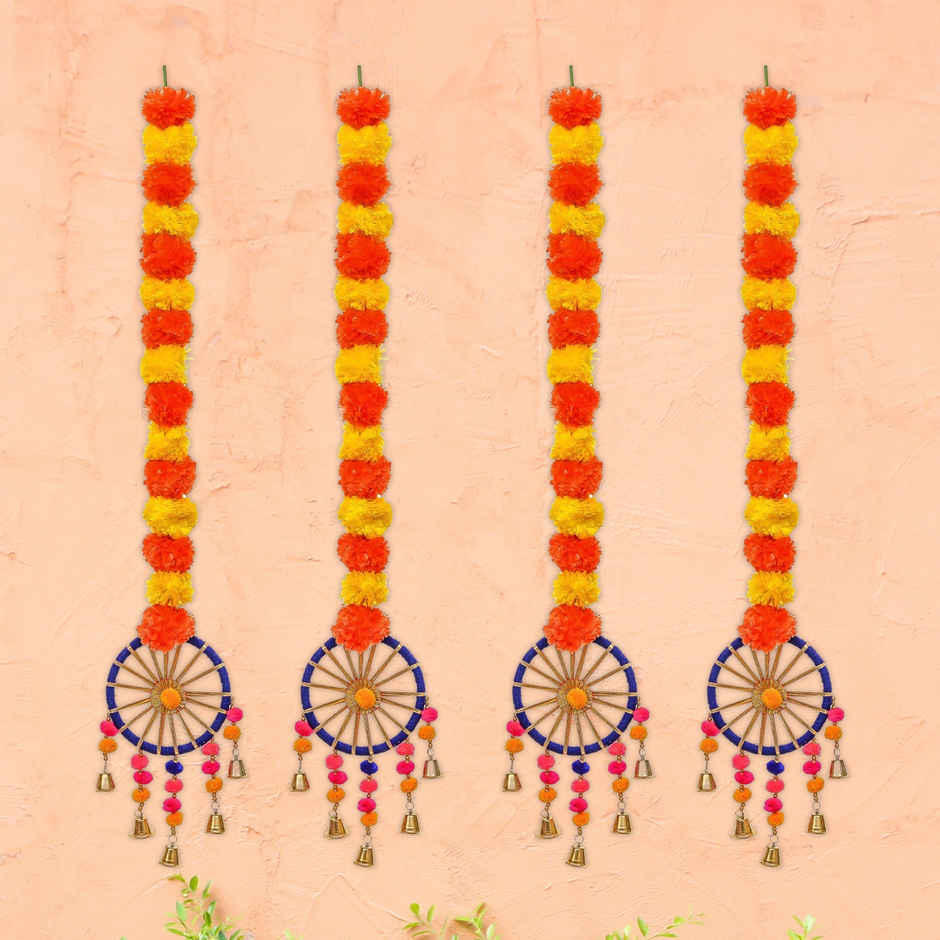 eCraftIndia Artificial Marigold Flowers Hangings with Bangles Ringing Bells | Pack of 4