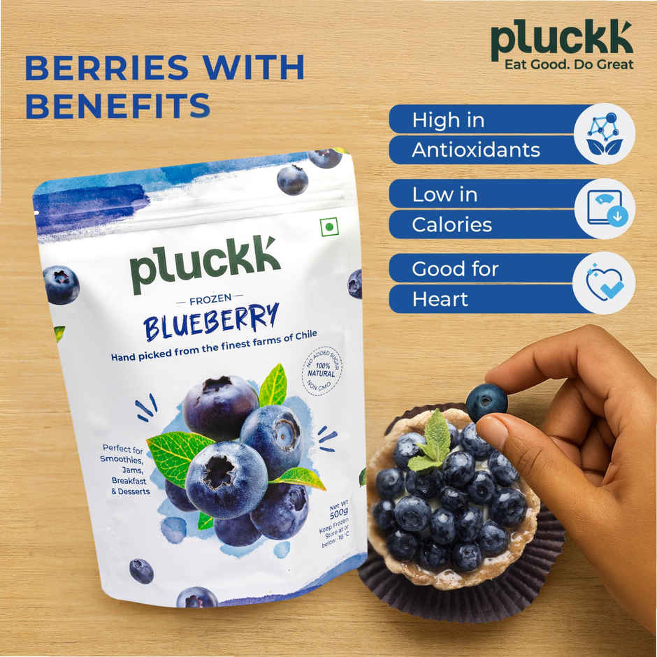 Pluckk Fresh Frozen Blueberry Imported Natural Non GMO Antioxidant Rich Superfood Snack