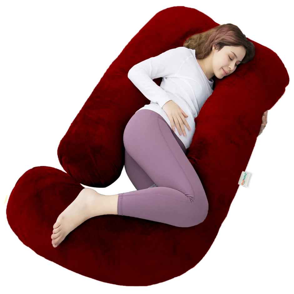 Oyo Baby Maternity Pillows For Sleeping, Comfort J-Shape Pillow Velvet Maroon