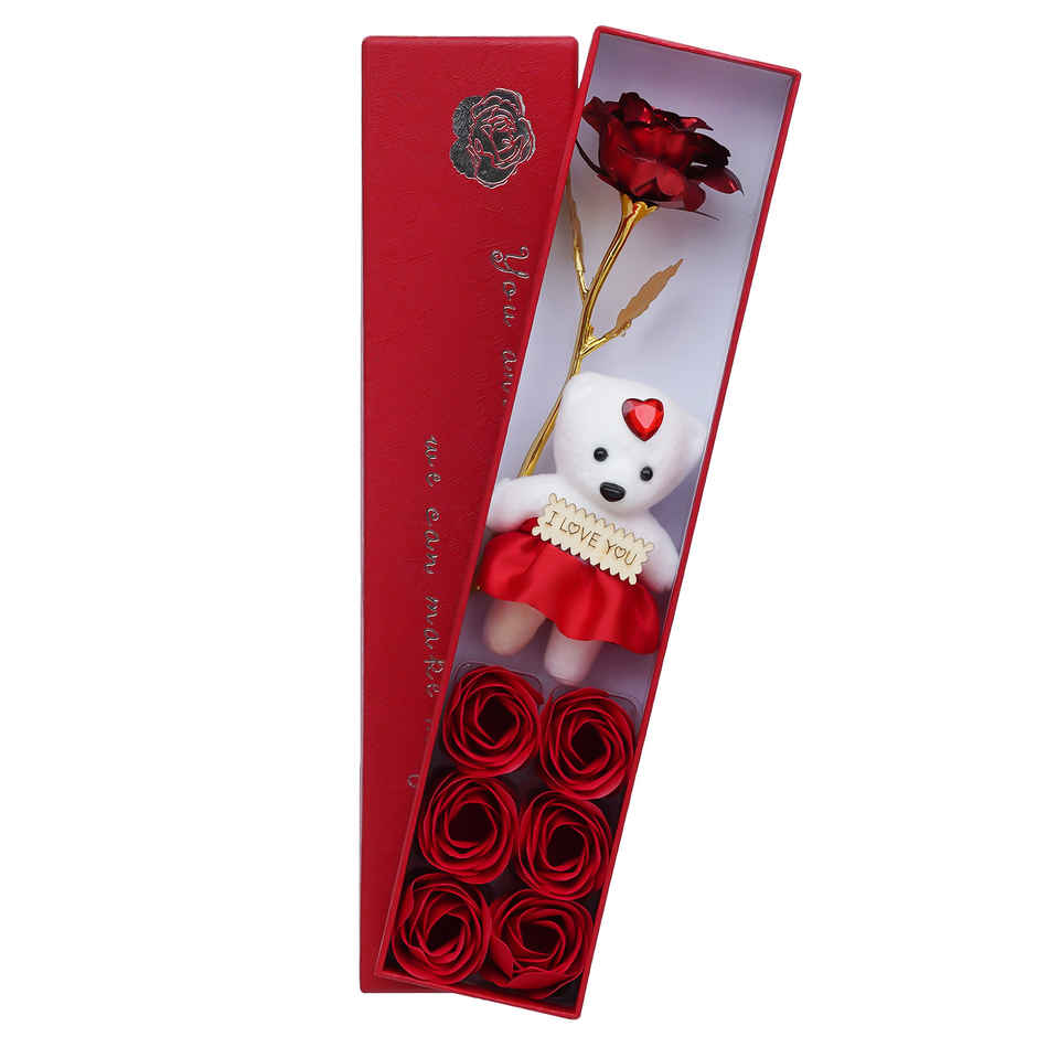 eCraftIndia Red Gift Box with Teddy, Rose Showpiece, and 6 Flowers