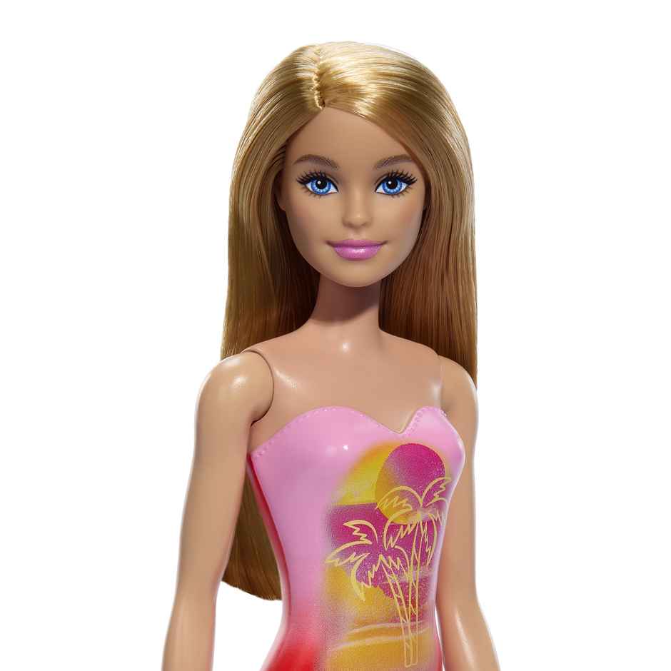 Mattel Barbie Beach Doll with Blond Hair, Pink One-Piece Swimsuit with Palm Tree Print