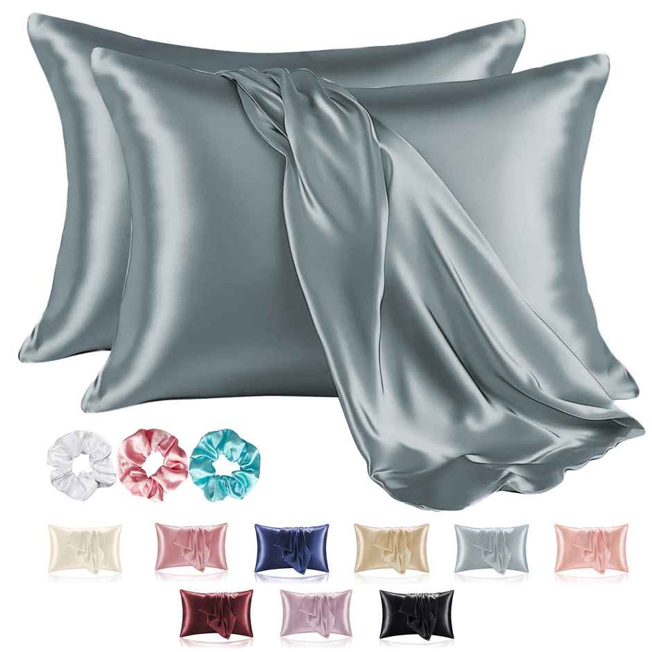 Kuber Industries 2 Pcs Satin Pillow Covers for Hair with 3 Scrunchies for Women | Ash Grey