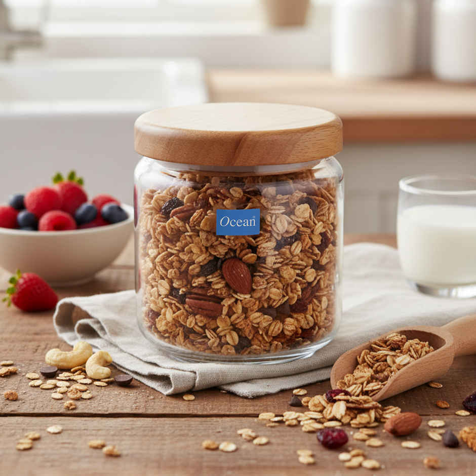 Ocean Pop Glass Jar Set with Wooden Lid (500 ml, 6Pcs)