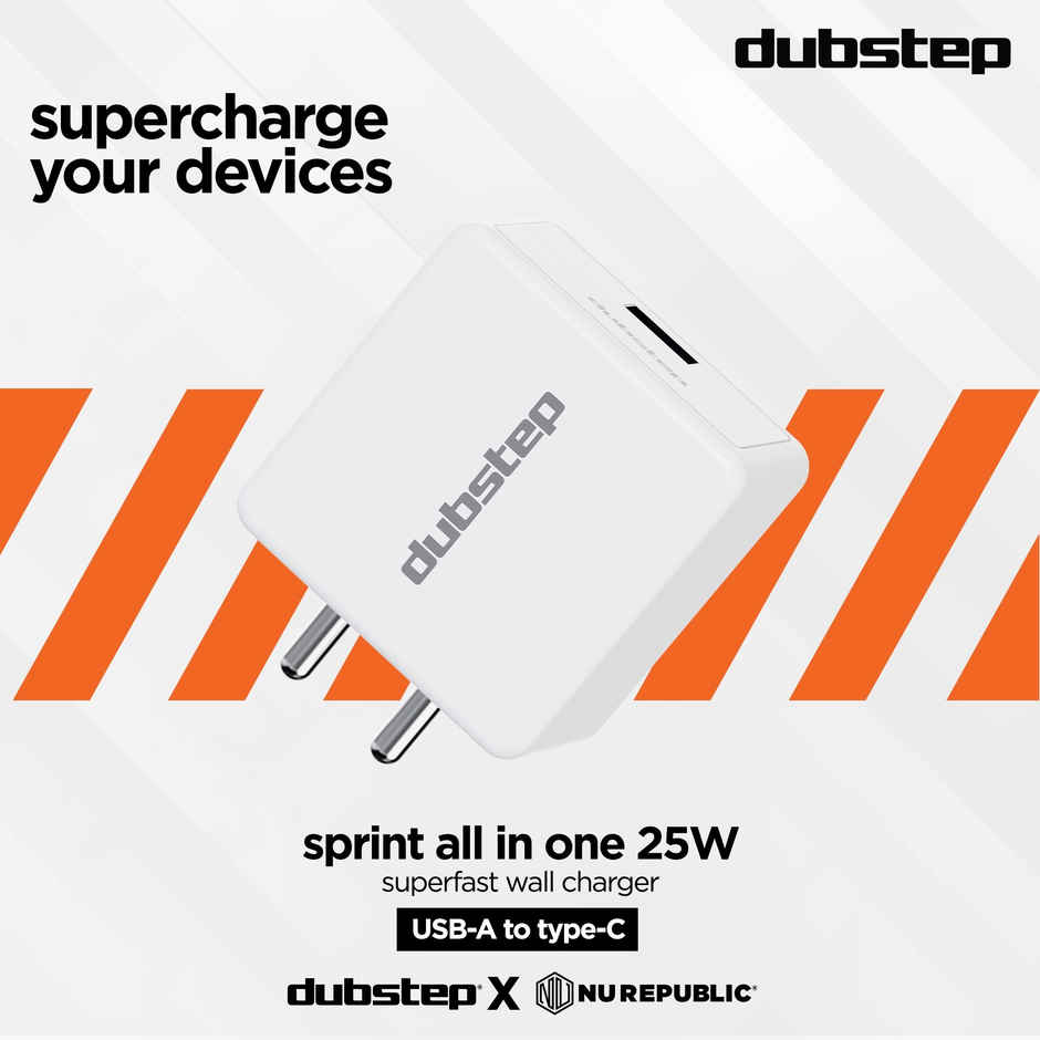 Dubstep Sprint All-in-one 25W 5A Charger with Type-C Cable Supports All Fast Charging Technologies (Cable Included) - White, Red