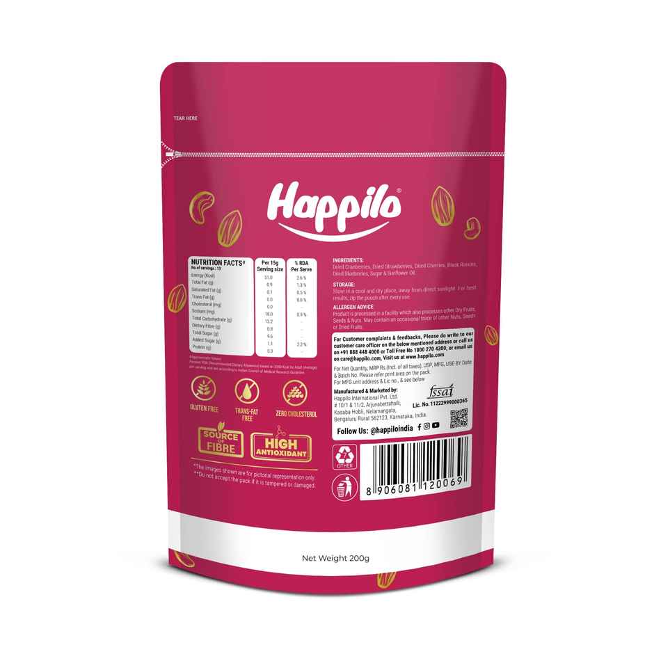 Happilo Dried Supermix Berries|Dried Blueberries |Dried Cherry|Dried Strawberries|Dried Raisins