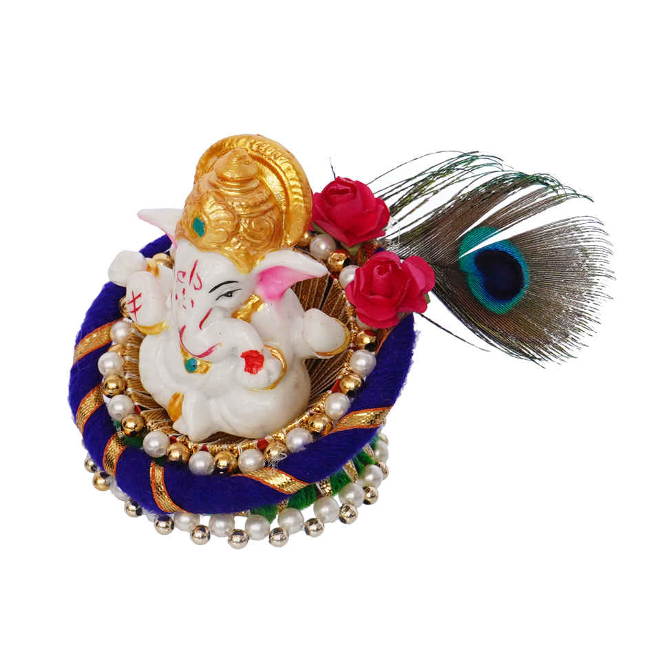 eCraftIndia Lord Ganesha Idol on Decorative Handcrafted Floral Plate for Home and Car