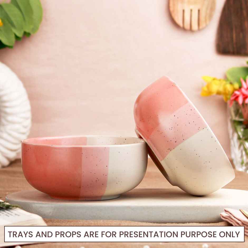 The Earth Store TT Pink Matte 2Pc Ceramic Bowl Gift Set, 500 ml Each Microwave Safe, Snack Serving