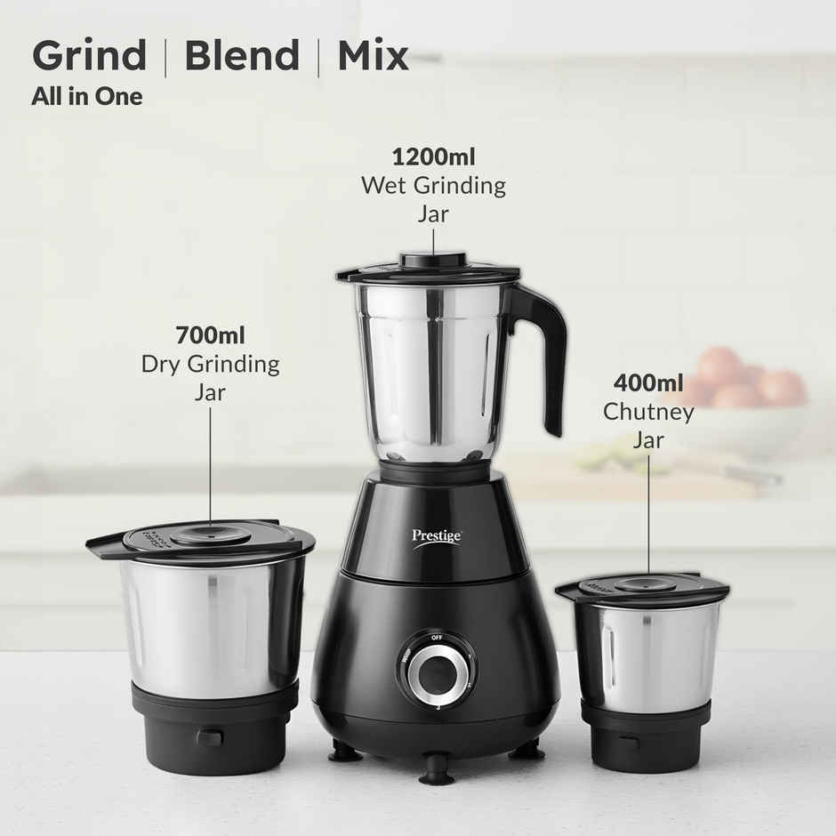 Prestige Apex Mixer Grinder | 500 W | 3 Jar | Super Efficient Stainless Steel Blades - Black