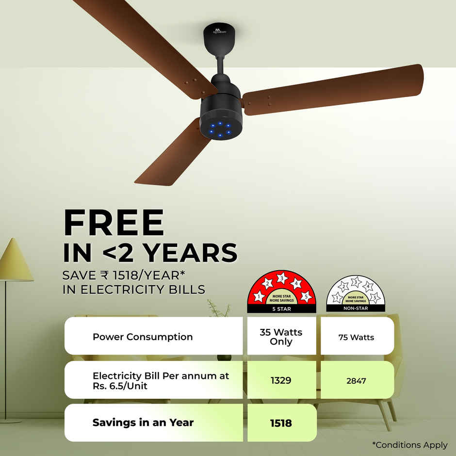 RR Signature BrightAir BLDC Ceiling Fan,1200mm,Remote Control,BEE 5 Star,LED Indicator,Velvet Brown