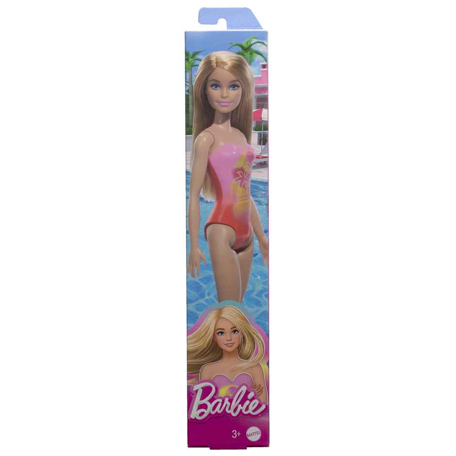 Mattel Barbie Beach Doll with Blond Hair, Pink One-Piece Swimsuit with Palm Tree Print