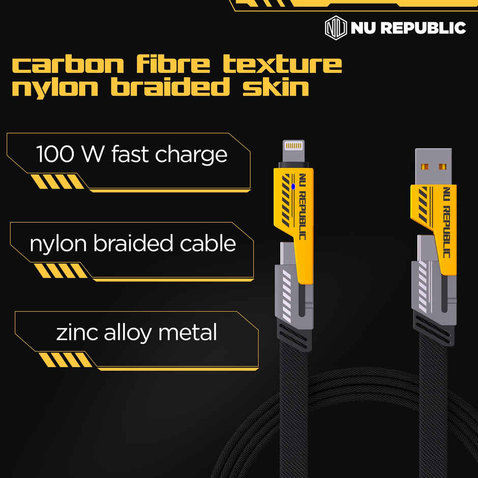 Nu Republic Blaze Fusion-Q 100W 4-In-One 1.2 M USB-A To Type-C To Type-C + Type-L Metal Connector Fast Data Charging Carbon Texture Braided Cable For Personalcomputer,1.2M - Black & Yellow