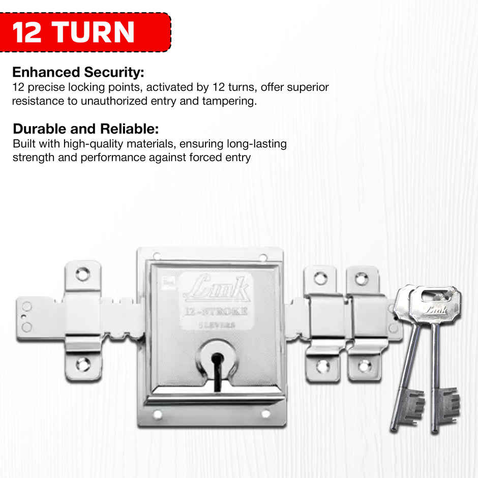 Link 12-Turn Main Door/Shutter Lock with 2 Keys - Heavy-Duty | 106x135mm Silver