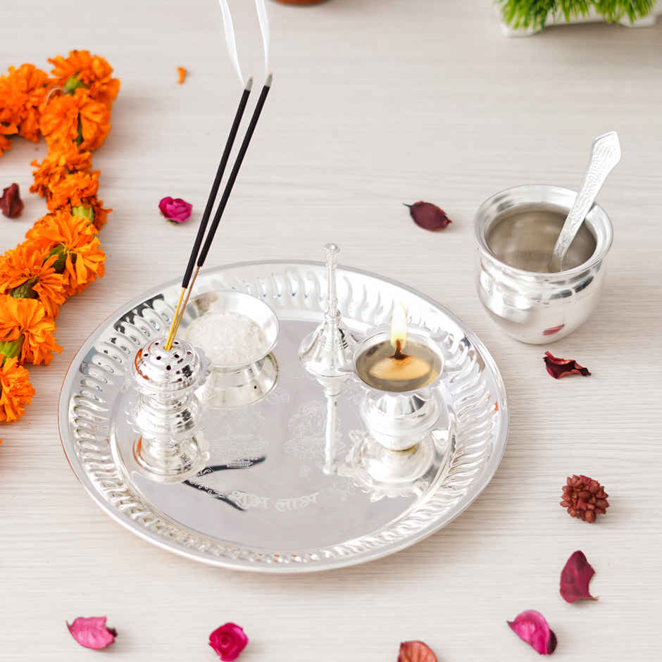 Silver Pooja Thali Set with Diya, Ghanti, Kalash, Spoon, Agarbatti Stand, Bowl | Ecraftindia