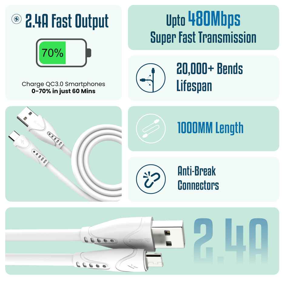 Aroma Electronic UC11 - 2.4 Amp USB-A to Micro USB | 1 m Fast Charging Data Cable | White