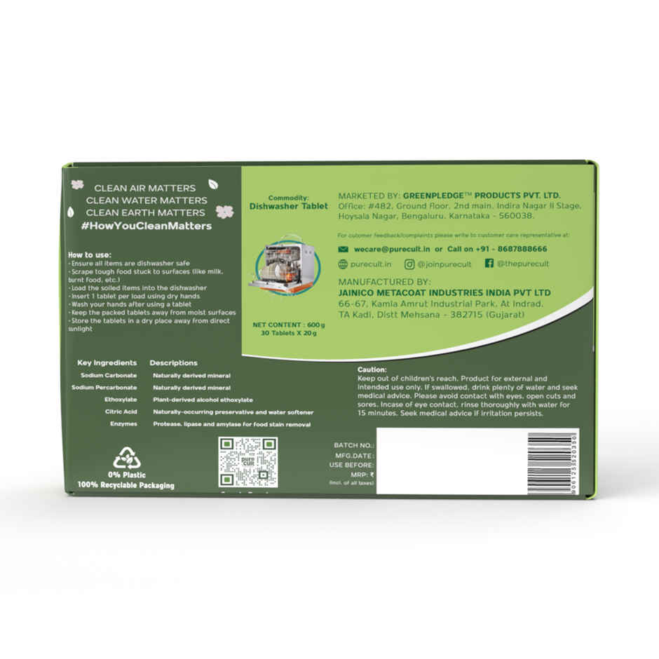 Pure Cult 3-In-1 Plant Mineral and Enzyme Based Dishwasher Tablets | Sulphate Free