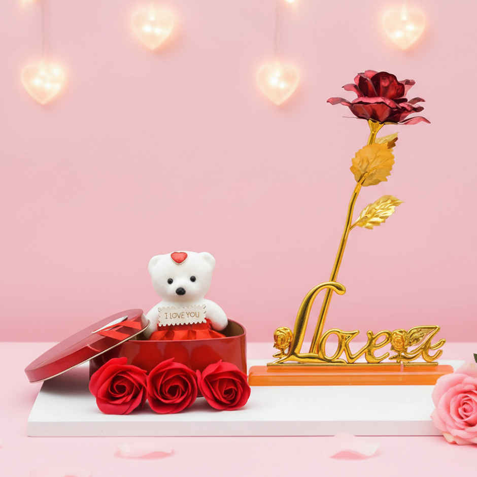 Red Rose Heart Box with Teddy and Love Stand Combo | Perpetual Mart