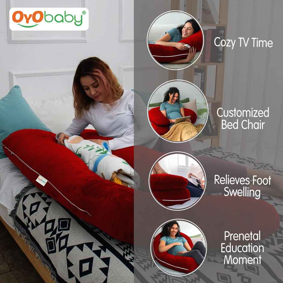 Oyo Baby Maternity Pillows For Sleeping, Comfort J-Shape Pillow Velvet Maroon