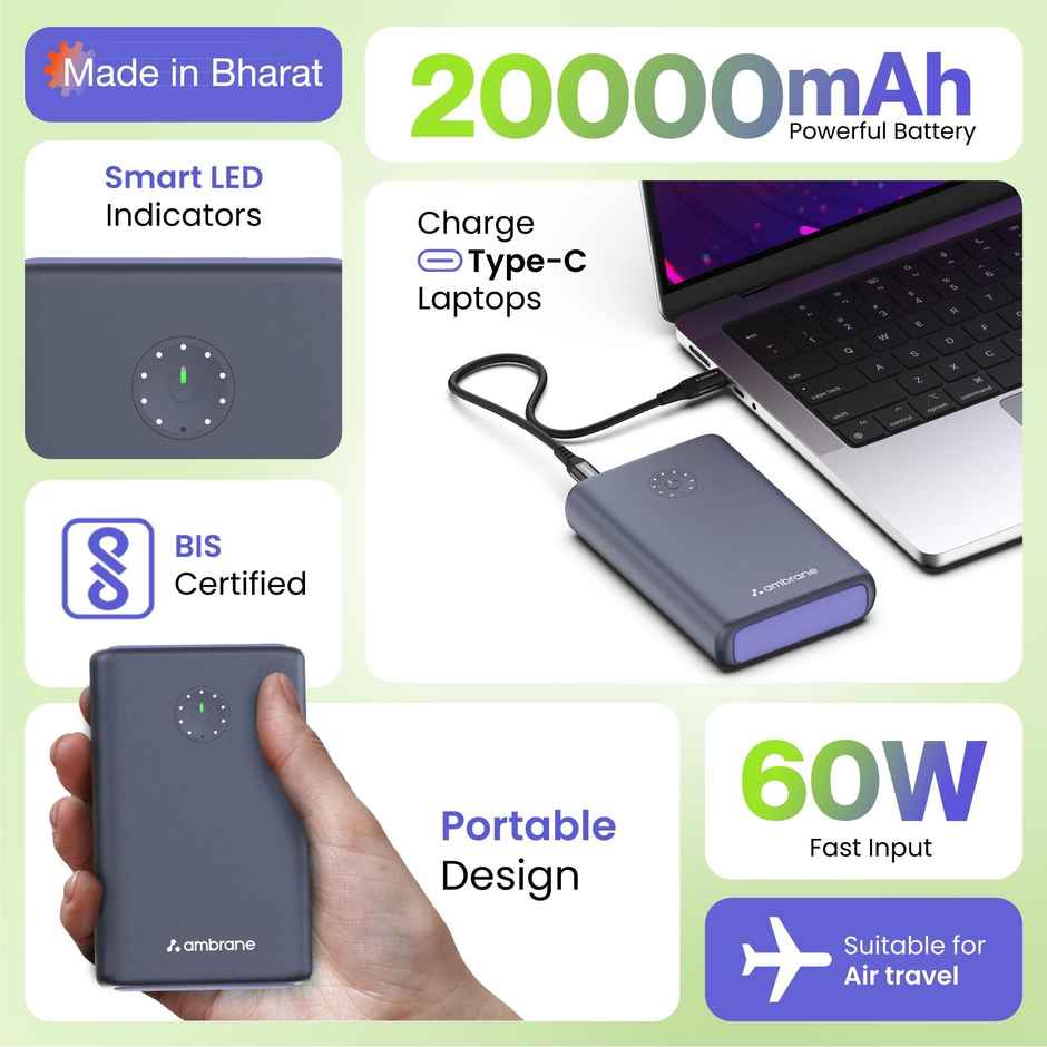 Ambrane 85W Fast Charging Powerbank, Power Delivery & Quick Charge (Powerlit Ultra Lite, Black)