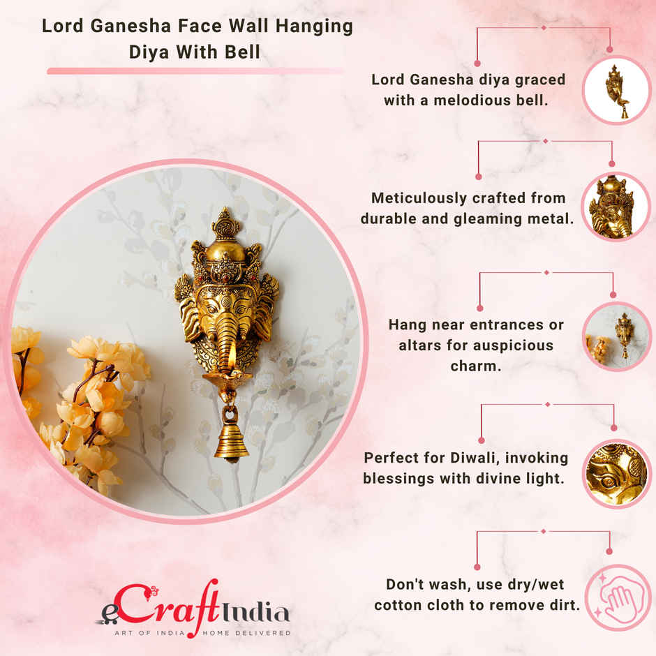 eCraftIndia Golden Metal Lord Ganesha Face Wall Hanging Diya With Bell
