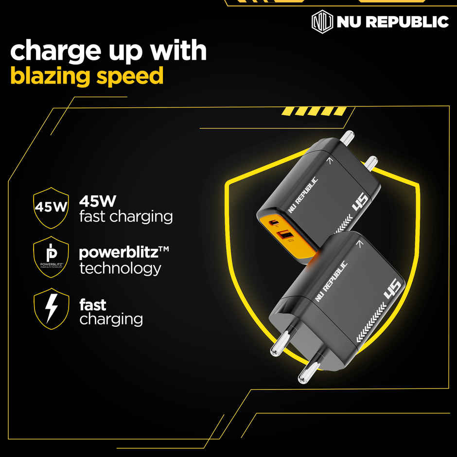 Nu Republic Cybotron 45W Dual Port Gan Superfast Wall Charger, USB & Type C Port, QC PD Technology with Type-C to C Cable, Supports MacBook, Type-C Laptops, iPhone, Samsung, OnePlus etc (Black)