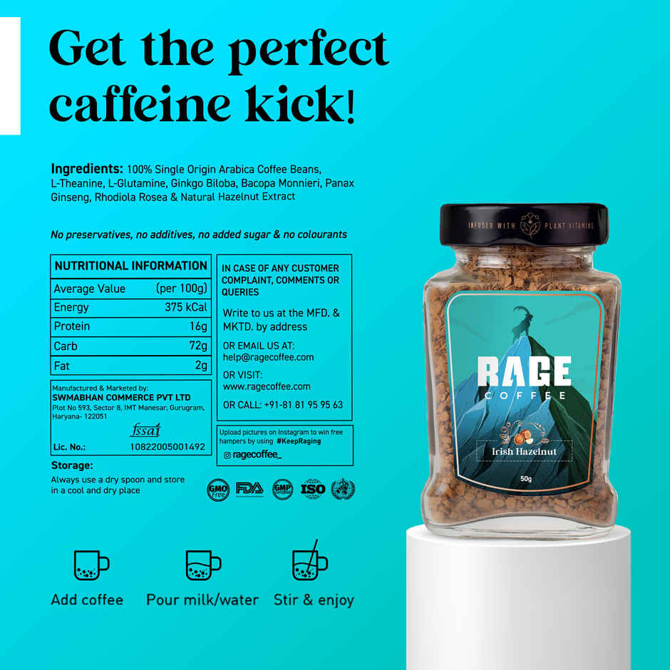 Rage Coffee Irish Hazelnut - Premium Arabica Instant Coffee