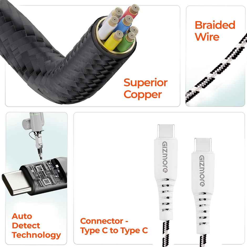 Gizmore (WCC65) 65W Type C To Type C Fast Charging Cable For Smartphones and Laptops, 1M, Premium Braided - Black & White