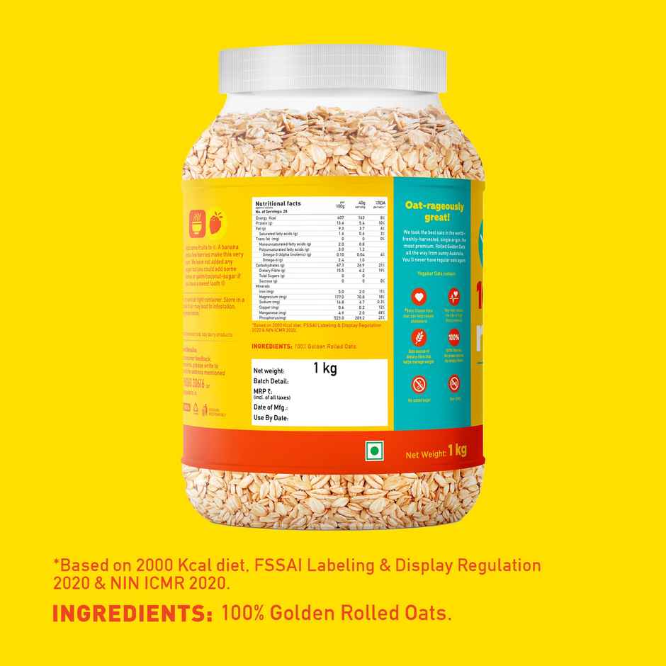 Yoga Bar Rolled Oats 1 kg Jar | Premium Golden Rolled Oats, Gluten Free with High Fibre, Non GMO