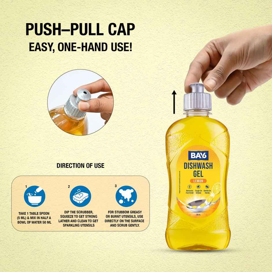 BAY6 Dishwash Gel Liquid Lemon Tough Grease & Foul Smell Removal