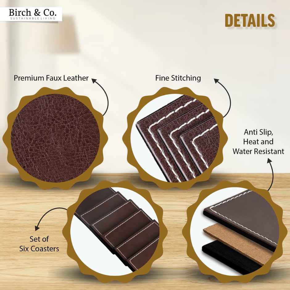 Birch & Co. Leather Coaster | Brown Coaster Set of 6 with Holder