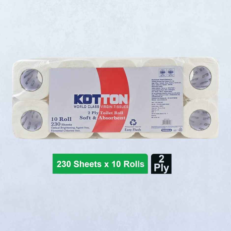 Kotton Toilet Roll - 2 Ply -100% Virgin Pulp/Paper, Pack of 10 ,230 sheets