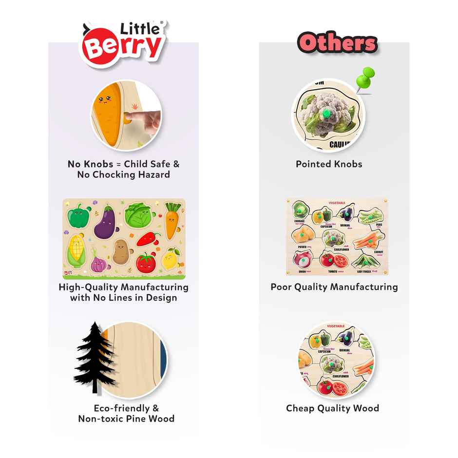 Little Berry Vegetables Wooden Knob Puzzle Board For Kids With Pictures - Lb57