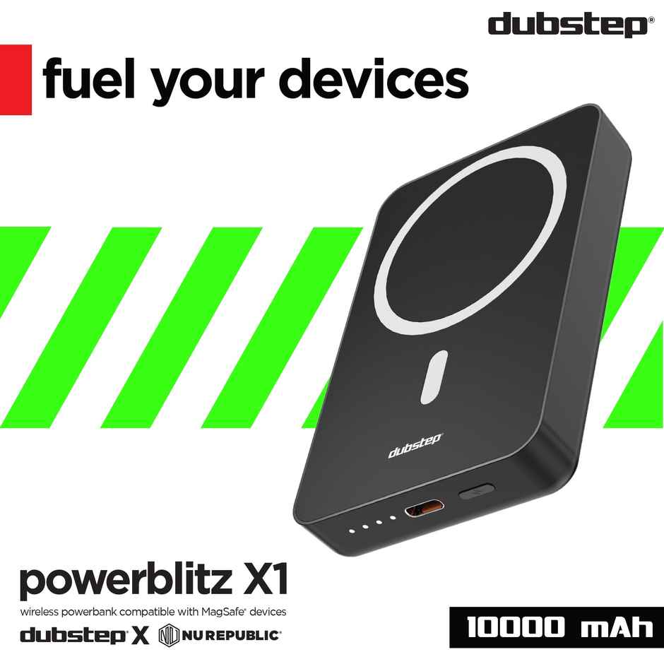 Dubstep Powerblitz X1 10,000 mAh 20W 12W Fast Charging Wired & Wireless Charging Compact Pocket Size Power Bank with Type-C to Type-C Cable - Black 