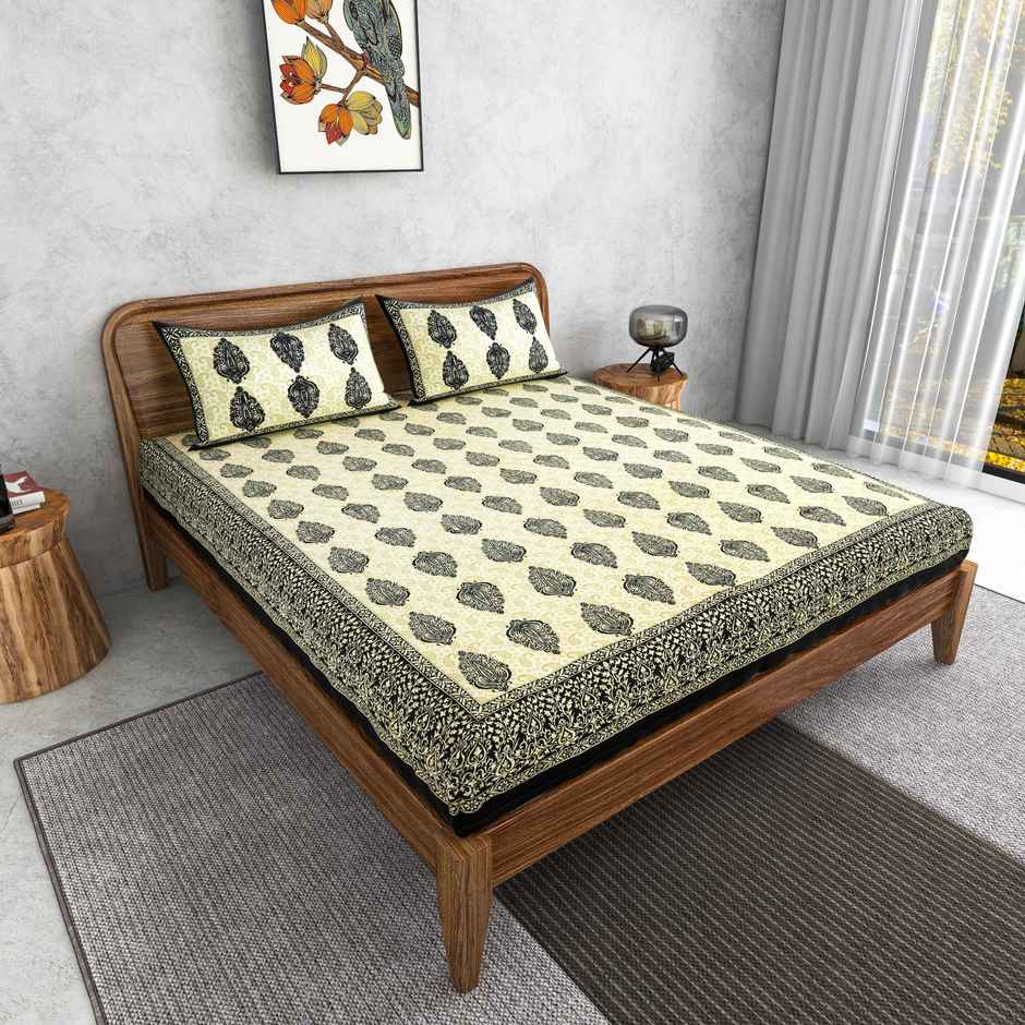 Furnofy 100% Cotton Jaipuri Print King Size Bedsheet | With 2 Pillow Covers | W&B | 90 x 108 in