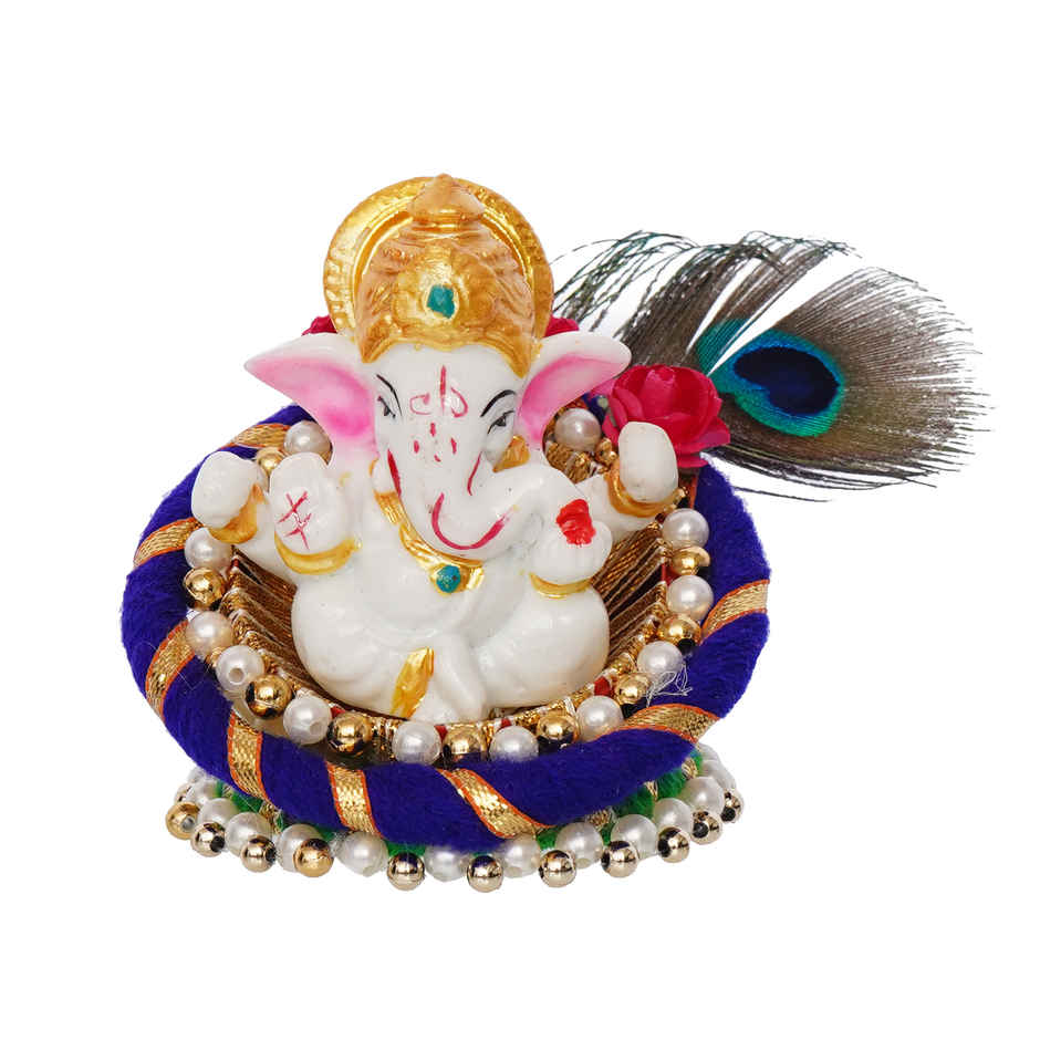 eCraftIndia Lord Ganesha Idol on Decorative Handcrafted Floral Plate for Home and Car