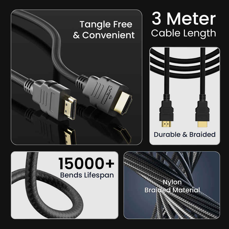 Ambrane (AHDMS-30) 3M High Speed HDMI Cable Supports 3D, 4K, ARC & CEC Extension, Gold Plated Connectors, Compatible with HDMI-Enabled TV, Set Top Box, Blu-ray, Gaming Consoles - Black