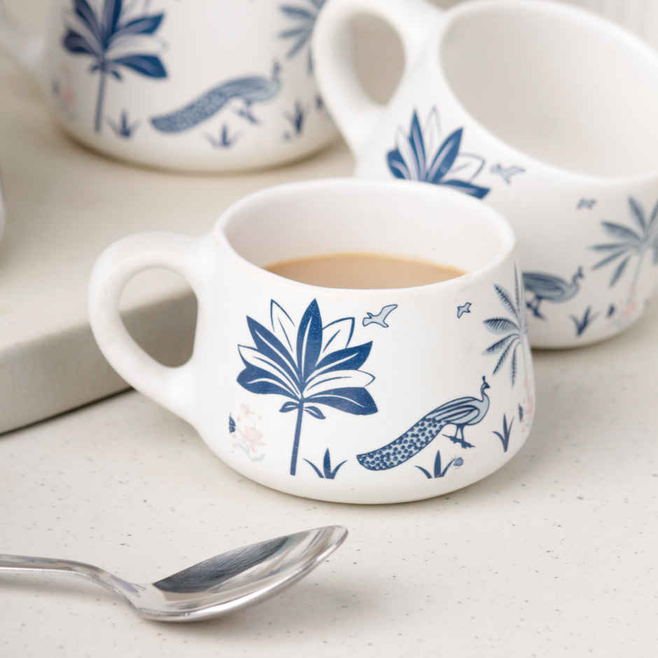 The Earth Store Blue Peafowl Ceramic Tea Cup | 150 ml Each Microwave Oven Safe Coffee Cups