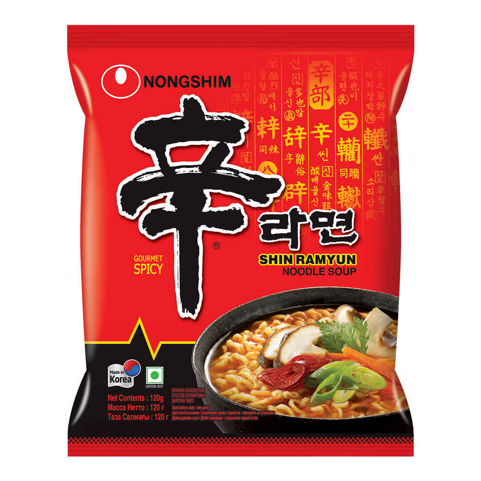 Nongshim Shin Ramyun Noodle Soup(120gms), Nongshim Shin Ramyun Stir Fry Noodles with Cheese(136gms) & Nongshim Shin Red Super Spicy(120gms) Combo