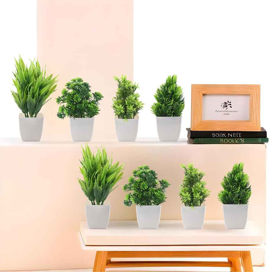 Kuber Industries 8 Pcs Set Plastic Mini Artificial Plants with Pot | Deko Square - White