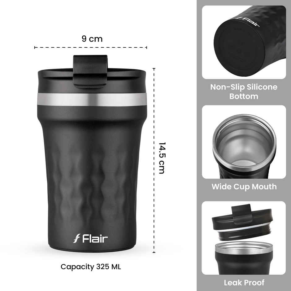 FLAIR Crest Stainless Steel Insulated Coffee Mug | Matt Black - 325 ml